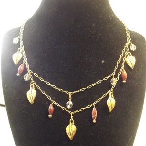 Kate Hines Multi Strand Necklace Gold Tone Leaf Motif